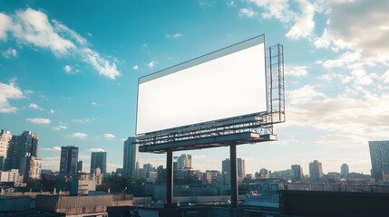 5. A striking composition featuring an empty billboard on a building, providing a blank canvas for an info banner, with surrounding urban elements adding context to the scene