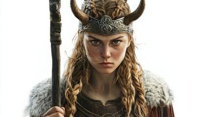 Scandinavian goddess Frigg showcases her fierce expression while holding staff reflecting her powerful presence and connection mythology set against a clean white backdrop.