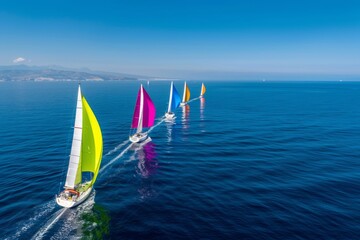 A race of colorful sailboats on the open sea, with one boat leading and others in line behind it