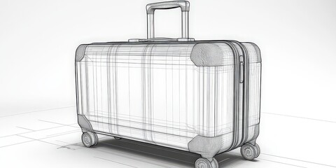  Transparent wireframe design of a suitcase, showing intricate structure and functionality in a sleek, modern concept for travel and mobility.