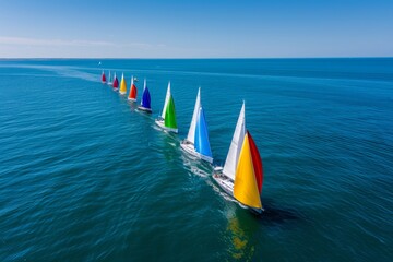 A race of colorful sailboats on the open sea, with one boat leading and others in line behind it
