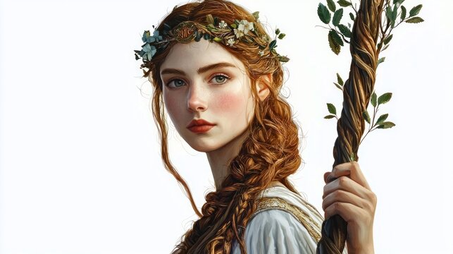 Frigg a prominent Scandinavian goddess is portrayed with flowing hair adorned with flowers.