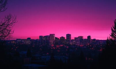 Fototapeta premium Skyline of Edmonton at dusk with a pink glow