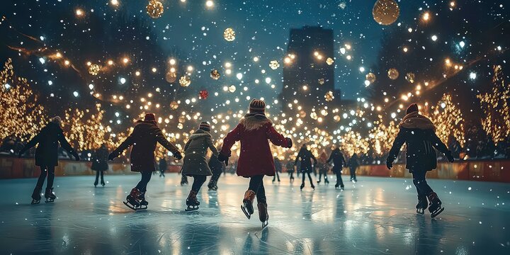 People ice skating in outdoor rink under glowing holiday lights, enjoying winter festivities in cheerful, illuminated atmosphere.