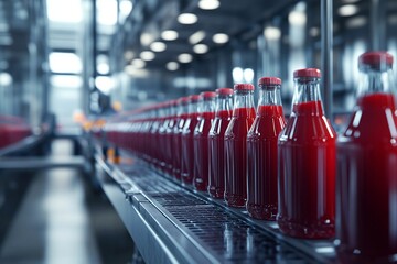 Modern juice bottling line, automated production and packaging of natural beverages, efficient and clean facility
