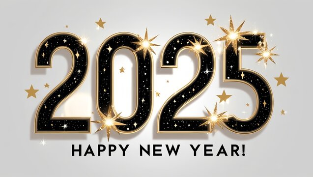A black and gold 2025 Happy New Year text with sparkling stars on a white background - Powered by Adobe