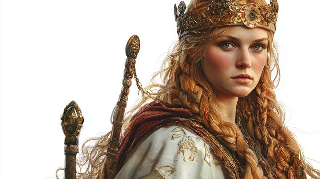 Frigg the Scandinavian goddess stands confidently with a regal presence. Her golden hair cascades down while she holds a staff representing her role as a powerful deity in mythology.