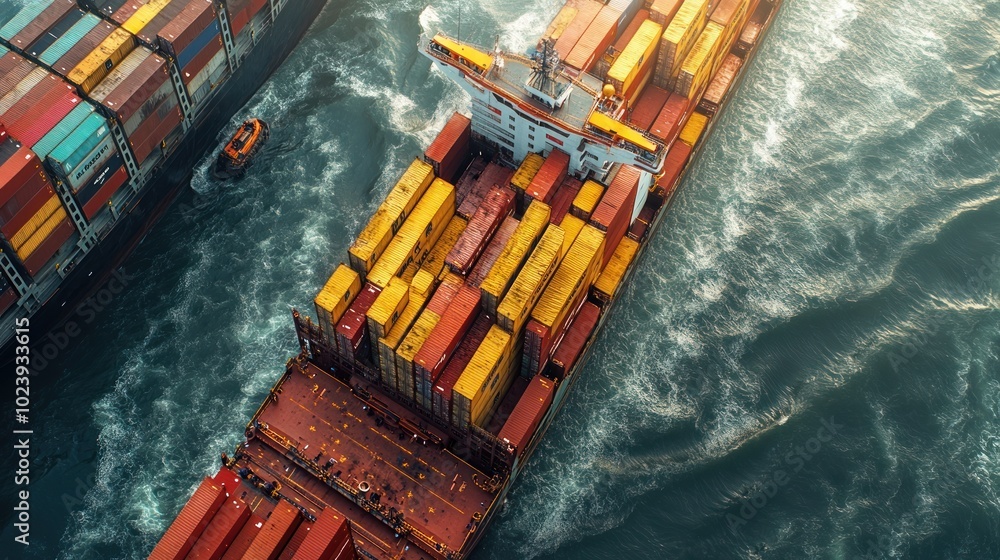 Poster aerial view of a large cargo ship with many colorful containers on the open sea.
