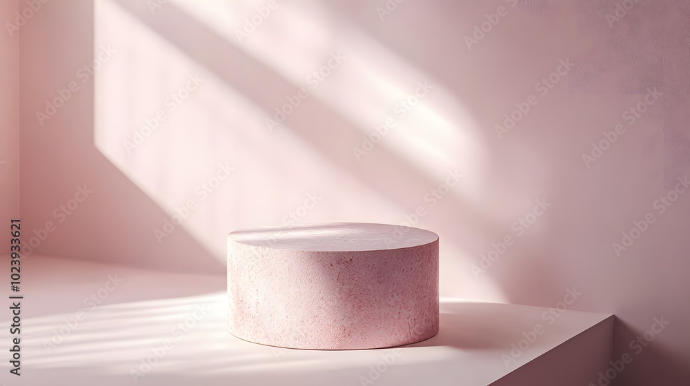 Poster 3. an elegant 3d rendering of a podium in a cosmetic setting, with soft sunlight creating dynamic sh