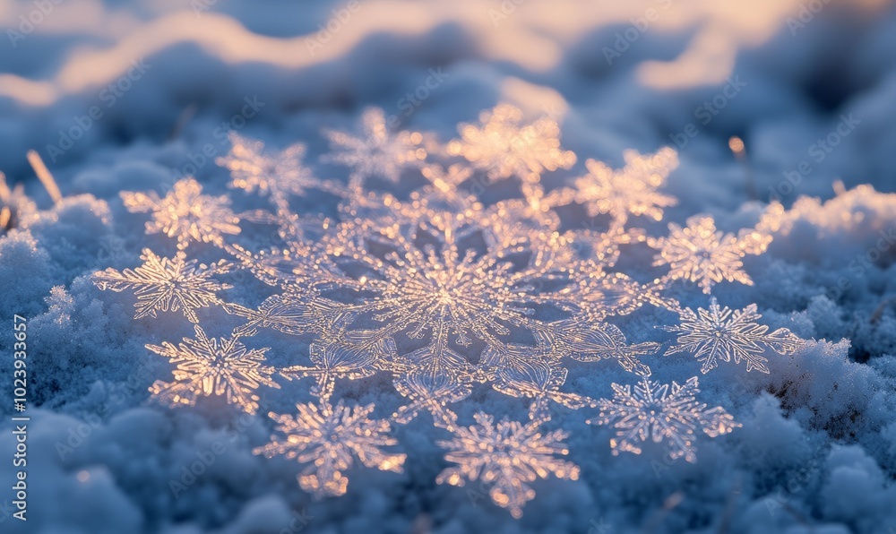 Poster snowflakes arranged in a perfect spiral on a snowy field, each flake contributing to a larger geomet