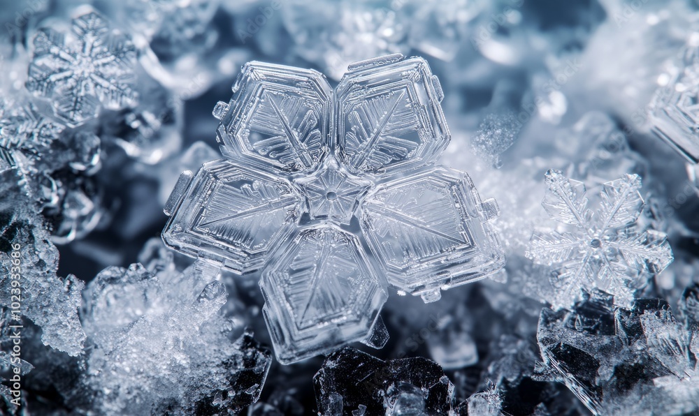 Aufkleber snowflakes with hexagonal geometry, perfectly aligned on a frosty surface, each flake a masterpiece 