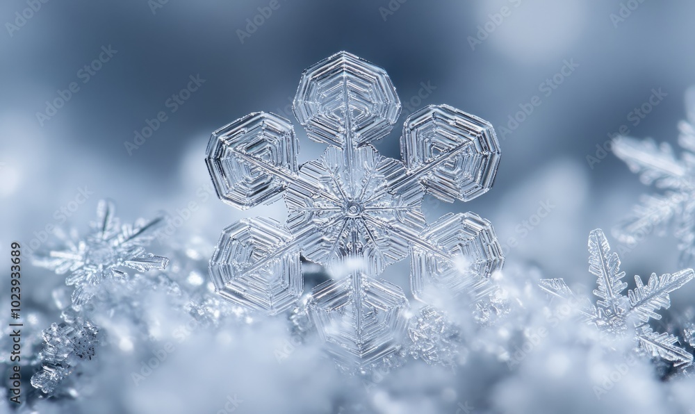Poster snowflakes with hexagonal geometry, perfectly aligned on a frosty surface, each flake a masterpiece 
