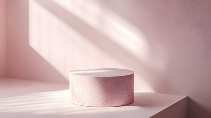3. An elegant 3D rendering of a podium in a cosmetic setting, with soft sunlight creating dynamic shadows on a pristine white background, designed for showcasing beauty products