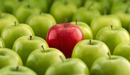 A red cube apple out in the middle of green apples, symbolizing creativity and ideas in business or personal life