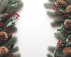 Festive Winter Border with Pinecones and Berries on Evergreen Branches - Perfect for Holiday Decorations and Seasonal Projects