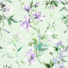 Delicate watercolor floral pattern featuring soft purple and green hues, perfect for adding touch of nature to any design.