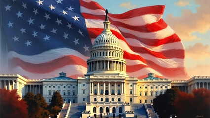 US Capitol Building with American Flag Overlay Representing Patriotism
