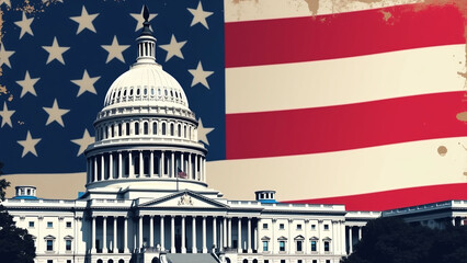 US Capitol Building with American Flag Overlay Representing Patriotism
