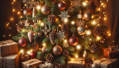 Fototapeta premium A glowing Christmas tree surrounded by presents captures the essence of the holiday season.