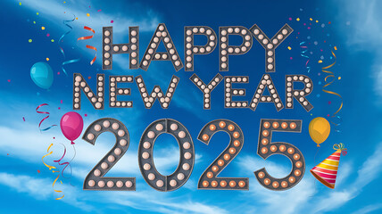 Happy New Year 2025 celebration with blue sky and confetti. 
