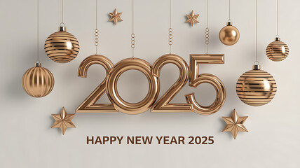 Golden 2025 New Year Greeting with Festive Ornaments and Stars: Celebrate the arrival of the new year with this elegant and festive design. 

