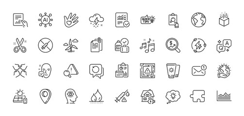 Inspect, Cut and New message line icons pack. AI, Question and Answer, Map pin icons. Solar panel, Music, Maze attention web icon. Meditation eye, Puzzle, Sunscreen pictogram. Vector
