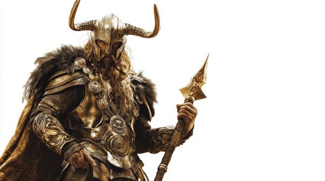 Heimdall stands prominently adorned in intricate armor with golden accents holding a spear embodying the vigilant guardian of the gods from Scandinavian mythology.