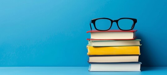 A stack of books with reading glasses on top, against a blue background, symbolizing education and...