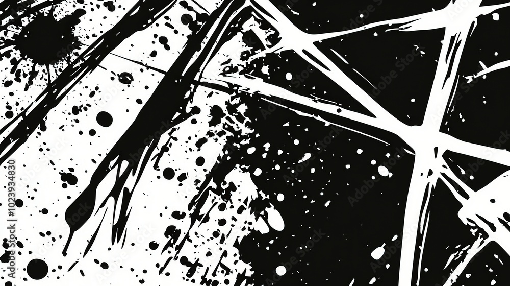 Poster bold black and white ink splatters create an energetic abstract design, where lines intersect dramat