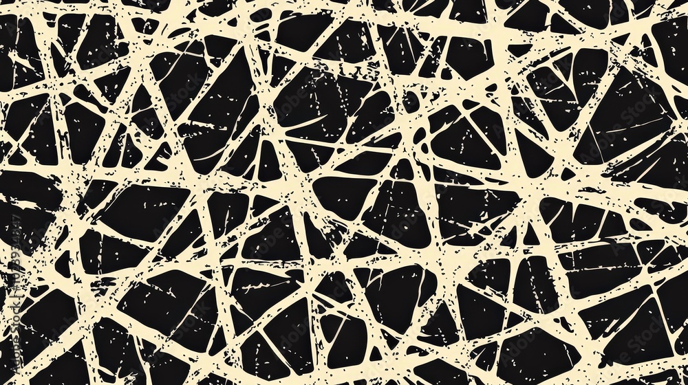 Poster The artwork features a complex arrangement of black and cream lines that crisscross and intertwine, forming a chaotic yet structured visual effect that draws the eye