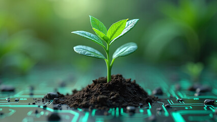 Plant Growing on Circuit Board Representing Green Technology