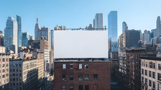 2. An expansive shot of a blank outdoor billboard on a building's facade, providing a perfect mock-up space for advertising, with surrounding cityscape details in the background
