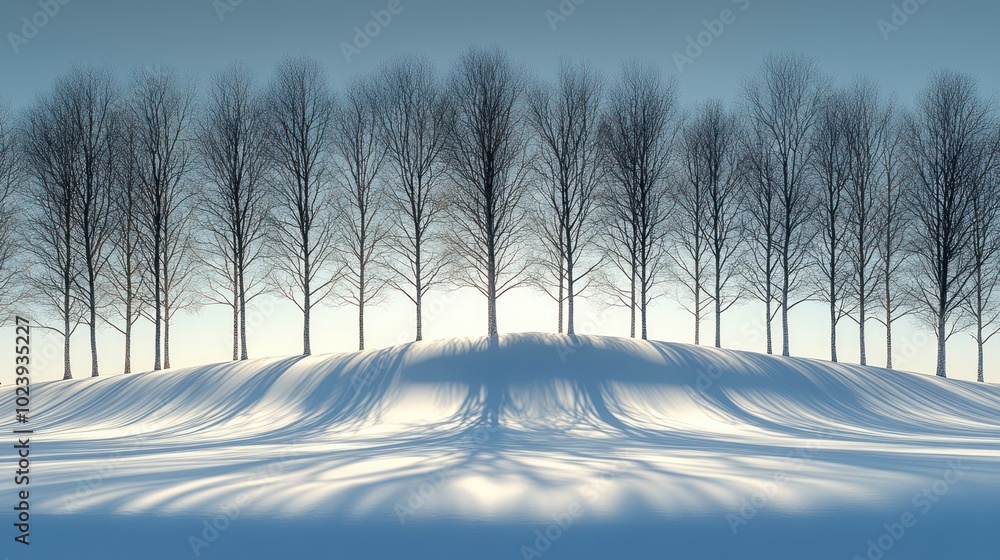 Poster a row of bare trees stand tall against a snowy field with the sun peaking through the branches.