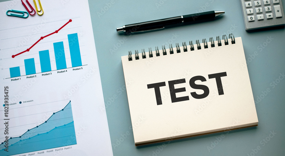 Poster there is notebook with the word test. it is as an eye-catching image.