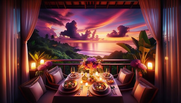 An intimate dining experience overlooking a stunning ocean sunset, framed by lush foliage.