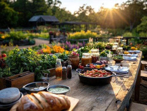 A rustic outdoor dinner scene at sunset with a wooden table set with assorted breads, fresh vegetables, various sauces, and plants for a fresh dining experience.