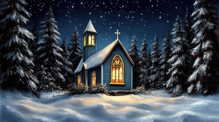 Enchanting Snow-Covered Forest Church at Night with Glowing Windows and Starry Sky in Winter Wonderland Scene