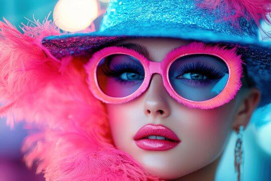 A mesmerizing portrait featuring blue hat adorned with pink fluffy feathers and oversized sunglasses, exuding elegance and playfulness in vivid colors.