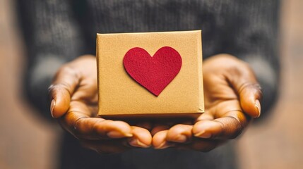 Closeup of hands holding a small gift box with a red heart on top.