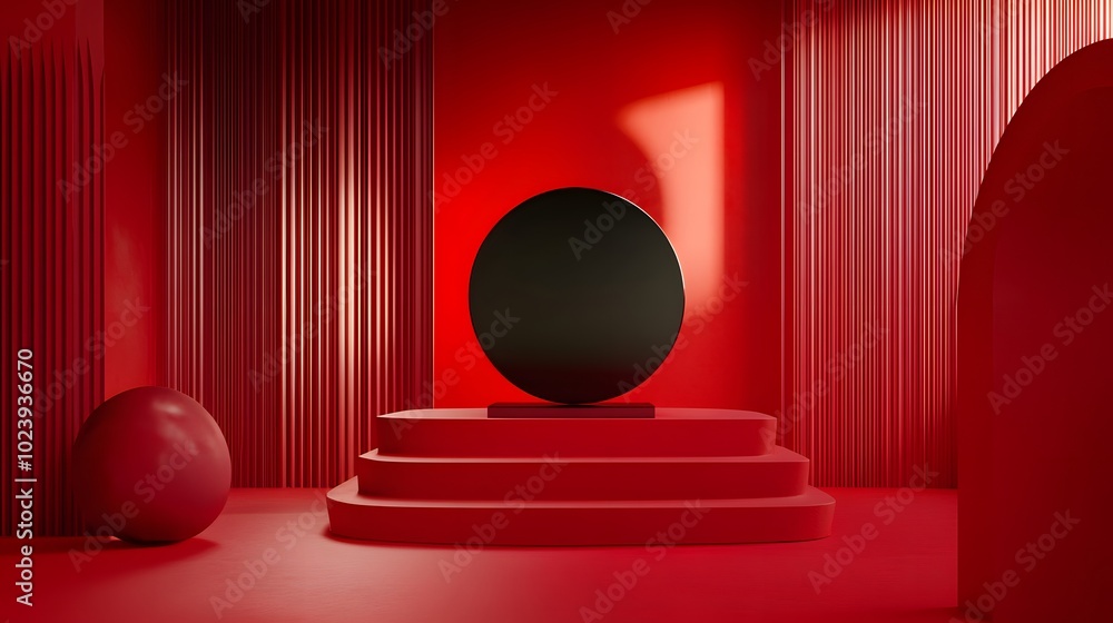 Poster 4. a dynamic scene featuring a modern display stand on a pedestal, set within a red room creating a 