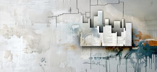 A white wall with a black and gray pattern of newspaper clippings, in an aged paper texture style depicting urban decay and deconstructed objects