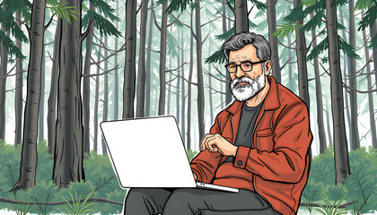 man 43 years old in the forest with a laptop isolated with white highlights, png