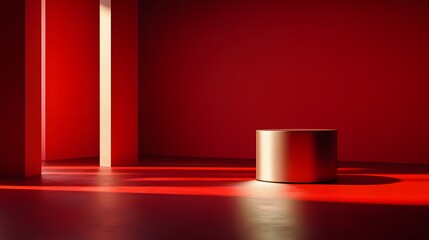 Obraz premium 4. A dynamic scene featuring a modern display stand on a pedestal, set within a red room creating a dramatic visual for product presentations or promotional events