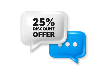 25 percent discount. Chat speech bubble 3d icon. Sale offer price sign. Special offer symbol. Discount chat offer. Speech bubble banner. Text box balloon. Vector