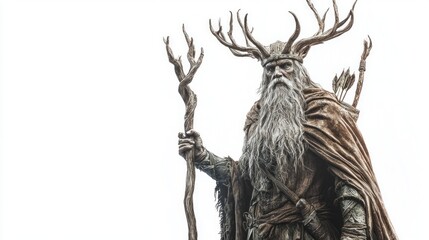 Hodr the Scandinavian god is depicted with majestic antlers a staff and traditional attire. His expression reflects the mystique of ancient mythology.