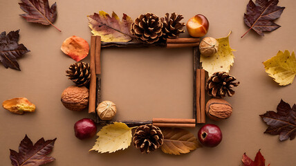 Autumnal frame, brown and red, natural elements, Thanksgiving decor. 
