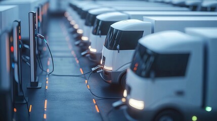 A fleet of business electric vehicles, including cargo transport and delivery, semi-trucks and vans powered by sustainable solar and wind electricity, are charging at a rapid charger station situated 