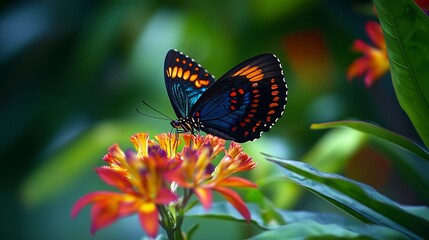 2024's Photo of the Day. A stunning butterfly rests quietly on a vibrant flower, its iridescent wings displaying a stunning array of orange and blue hues. As it sip honey with delicacy. 