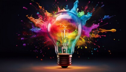 Creative concept light bulb explodes with colorful water colors on a black background. Think different, creative idea. 
