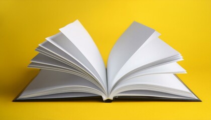 Fototapeta premium Open magazine with blank page on yellow background. Mockup for design 